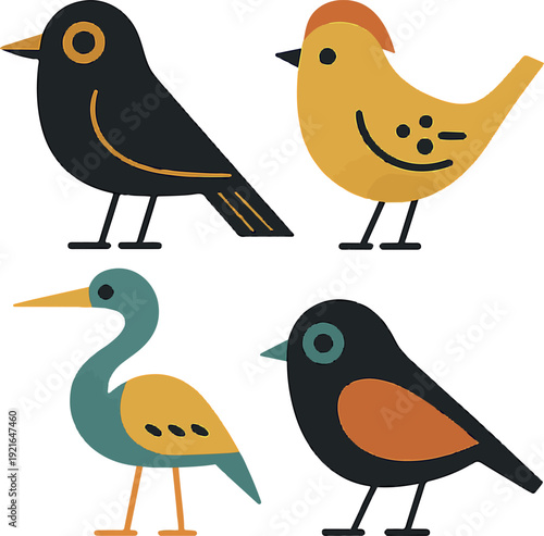 Mid century modern bird icons vector set featuring retro Scandinavian style colorful flat birds for branding, logo design, posters and decor