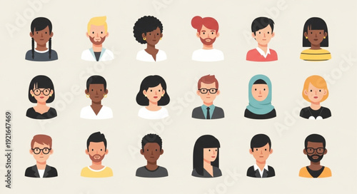 Diverse Group of People Avatars in Flat Design Style.