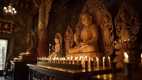 Serene Buddhist Temple Interior with Glowing Candles and Statues.