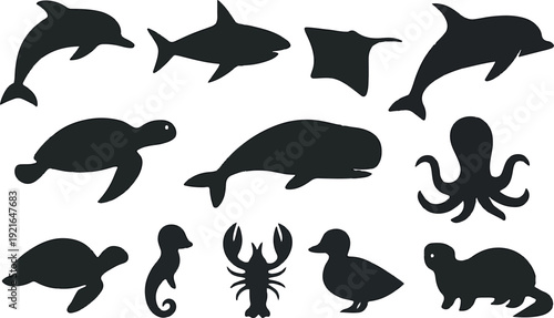 Sea Animals Vector Silhouette Set – Dolphin, Shark, Whale, Octopus, Turtle – Marine Life Clipart Isolated on White