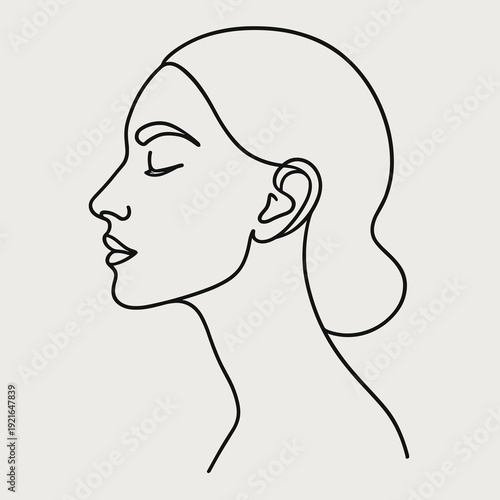 Minimalist line art portrait of a serene woman in profile on a light background