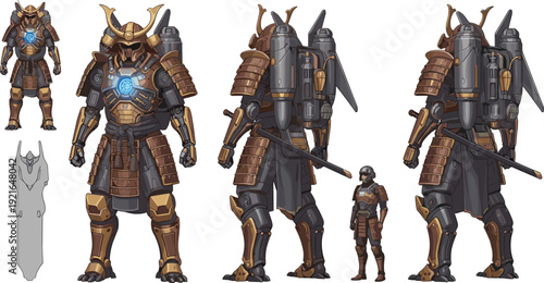 Futuristic samurai mech armor character with jetpack and glowing core for sci fi game design vector illustration collection.