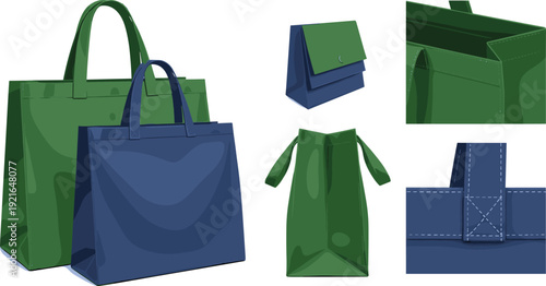 Reusable shopping bag mockup collection with foldable fabric tote and stitched packaging details for retail branding vector illustration set.