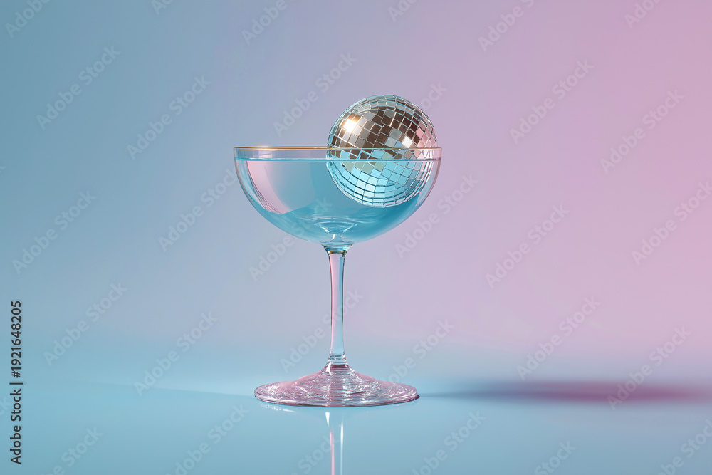 Fototapeta premium Disco ball and vintage cocktail glass on blue background for party, celebration and holiday decor. Party, nightlife concept. Nightclub lights vibes, celebration, dance