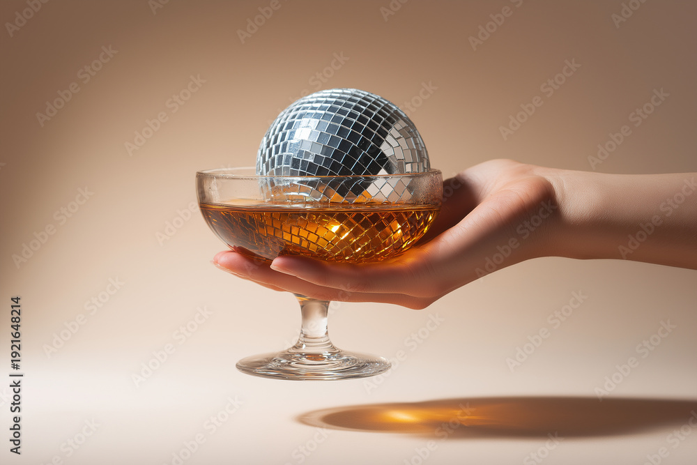 Fototapeta premium A coupe glass holding an amber cocktail and a mirrored disco ball, suggesting festive parties, New Year and holiday celebrations. Party, nightlife concept. Nightclub lights vibes, celebration, dance