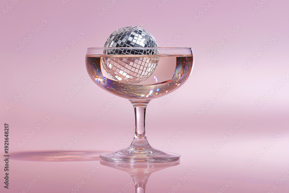 Fototapeta premium A coupe glass holding cocktail and a mirrored disco ball, suggesting festive parties, New Year and holiday celebrations. Party, nightlife concept. Nightclub lights vibes, celebration, dance