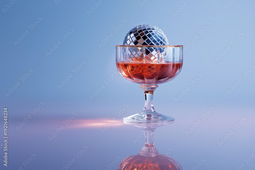 Fototapeta premium A coupe glass holding an amber cocktail and a mirrored disco ball, suggesting festive parties, New Year and holiday celebrations. Party, nightlife concept. Nightclub lights vibes, celebration, dance