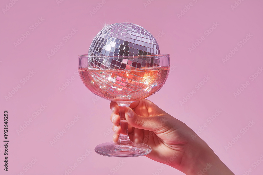 Fototapeta premium A coupe glass holding pink cocktail and a mirrored disco ball, suggesting festive parties, New Year and holiday celebrations. Party, nightlife concept. Nightclub lights vibes, celebration, dance