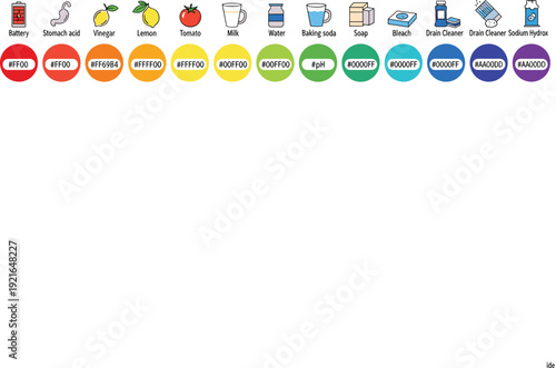 pH Scale Chart with Common Household Items Showing Acidic and Alkaline Levels for Chemistry Education, Science Infographics, Laboratory Learning, and Educational Vector Design
