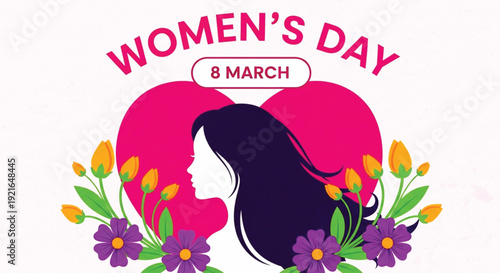 A vibrant illustration celebrating International Women's Day on March 8th, featuring a silhouette of a woman with long dark hair set against a large pink heart, framed by colorful purple.