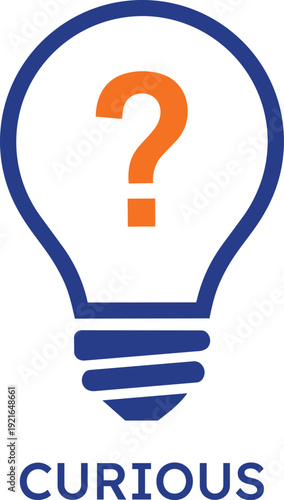 Curious icon featuring a blue light bulb outline with an orange question mark inside representing discovery exploration inquisitive thinking creative questions problem solving and innovative ideas