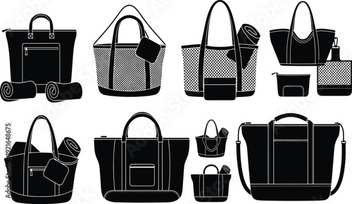 Black silhouette handbag and tote bag collection with different fashion purse shapes for retail catalog and branding vector illustration set.