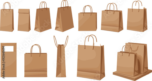 Brown paper shopping bag mockup collection with different realistic packaging views for retail branding and eco store vector illustration set.
