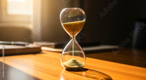 Hourglass with golden sand flowing on wooden desk in dimly lit room, symbolizing time management and productivity, warm natural lighting with soft shadows, minimalist workspace concept