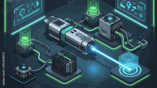 Isometric diagram of a futuristic laser system with glowing components and a blue beam targeting a platform.