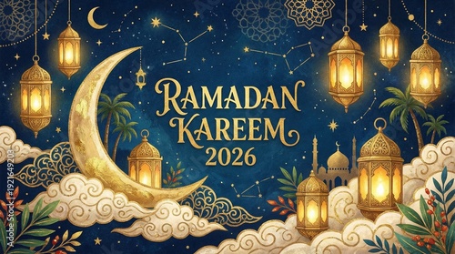 Ramadan Kareem 2026 Festive Illustration with Golden Lanterns and Crescent Moon on Dark Blue Background