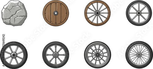 Cartoon wheel and stone icon collection with wooden metal and rubber vehicle parts for game asset vector illustration set.