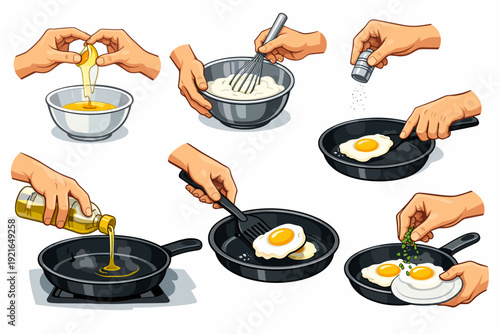 Cooking eggs step by step illustration set, frying and preparing breakfast eggs