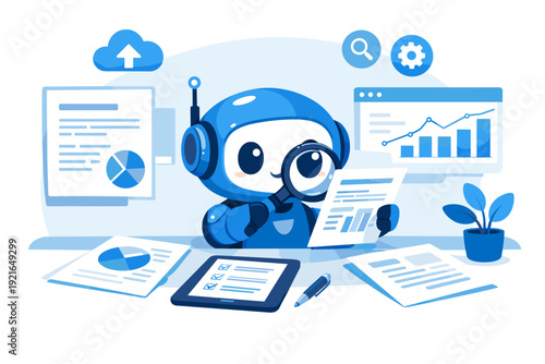 AI data analysis robot assistant with business charts and documents illustration