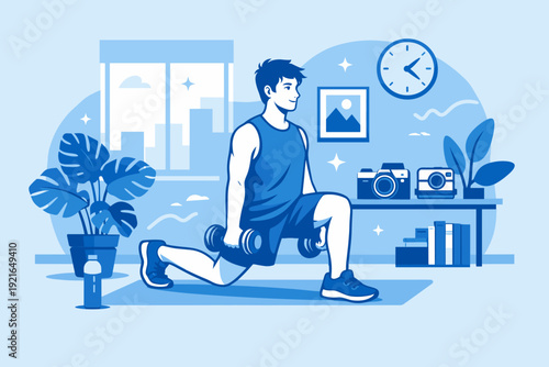 Man performing dumbbell lunge exercise at home, indoor strength training workout illustration