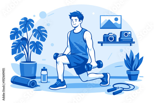 Man doing dumbbell lunge exercise at home gym, indoor fitness training illustration