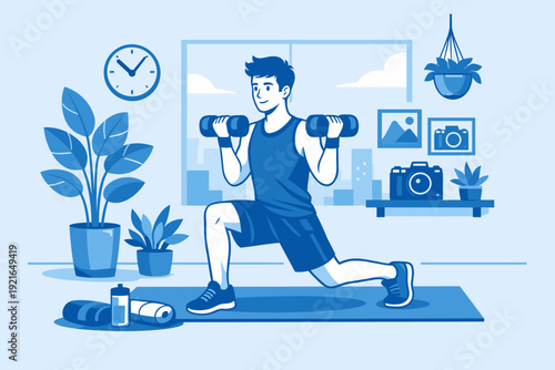Man doing dumbbell lunge exercise at home, strength training workout illustration