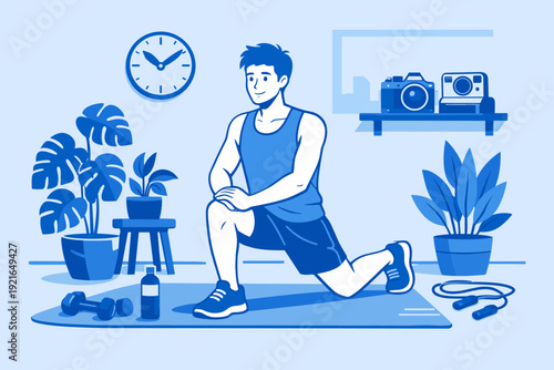 Man doing lunge exercise at home gym, indoor fitness training illustration