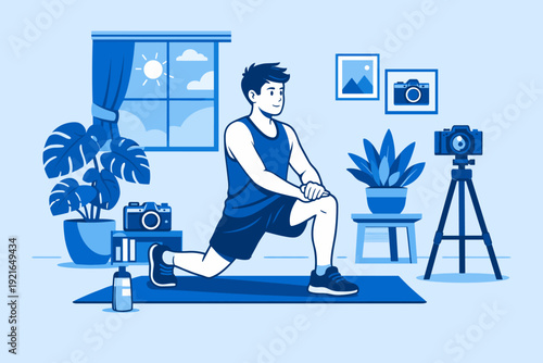Man doing home workout lunge exercise in living room, fitness training at home illustration