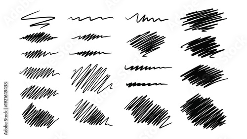Set of Hand-Drawn Scribble Textures, Black Ink Hatch Marks and Scrawls, Vector Sketch Elements for Shading and Graphic Design