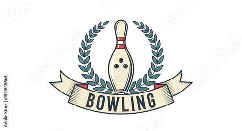 Bowling Pin Emblem with Laurel Wreath and Ribbon.