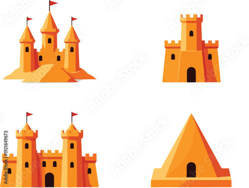 Sand Castle Icon Set Showing Beach Castles and Fort Shapes for Summer Vacation, Kids Activities, Travel Concepts, and Vector Illustration Design