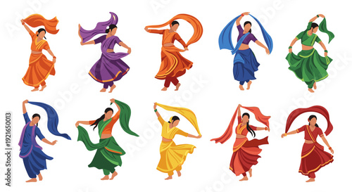 Indian women dancing in colorful traditional dresses and flowing scarves