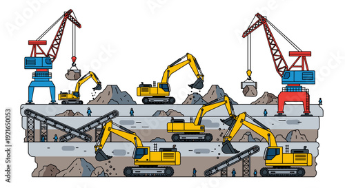 Industrial mining operation cross-section with heavy equipment and workers