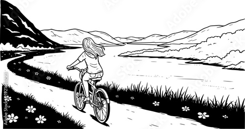 Woman embraces nature cycling along serene riverside path in mon
