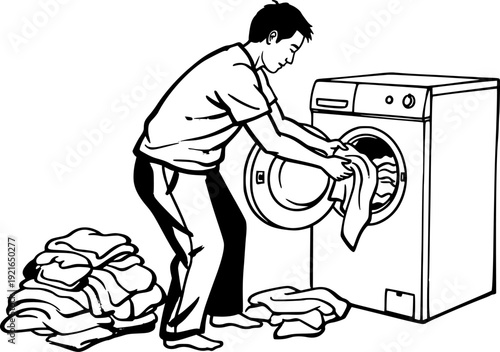 Monochrome Sumi-e Illustration of Laundry Day: Man Loading Washi
