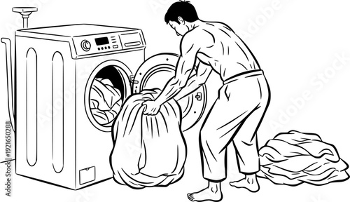 Monochrome Sumi-e Illustration of Laundry Day: Man Loading Washi
