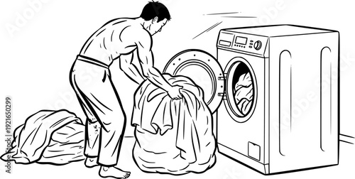 Monochrome Sumi-e Illustration of Laundry Day: Man Loading Washi
