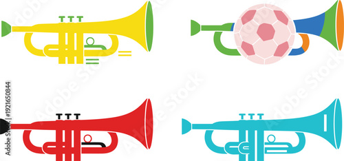 Colorful Trumpet Icon Set with Brass Musical Instruments and Creative Variations for Music Education, Bands, Events, and Vector Design Projects