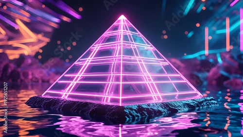 3D Render of a Glowing Neon Light Pyramid Above Water with Abstract Background and Vibrant Disco Energy