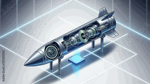 A detailed cutaway view of a futuristic silver missile revealing its complex internal mechanisms and advanced technology.