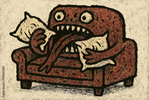 Cartoon monster sitting on a couch, playful mood, holding pillows and sticking out tongue