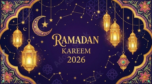Ramadan Kareem 2026 Festive Illustration with Golden Lanterns and Crescent Moon on Dark Blue Background