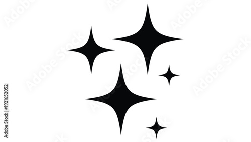 A simple graphic depicting five black four pointed starbursts on a white background