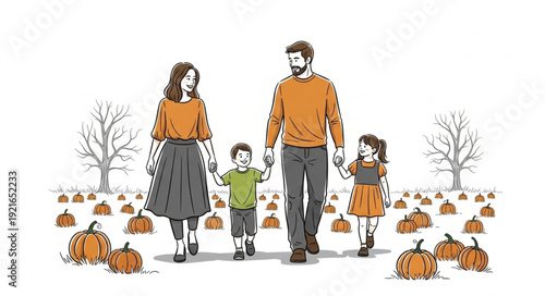 Family Walking Through Pumpkin Patch Together.