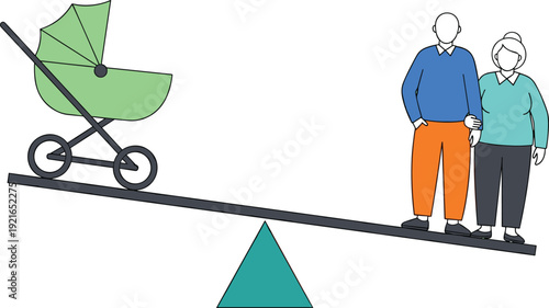 Population Balance Concept Illustration Showing Baby Stroller and Elderly Couple on Seesaw for Demographic Change, Aging Society, and Social Analysis Vector Design