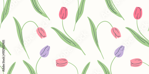 Seamless tulip pattern in sketch style with pastel colors