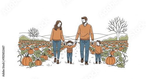 Family Walking Together in Autumn Leaves.
