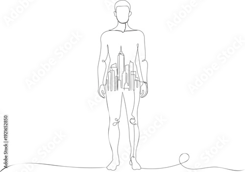 Continuous Line Art of a Man with City Skyline Inside, Concept of Urban Life and Modern Human Identity