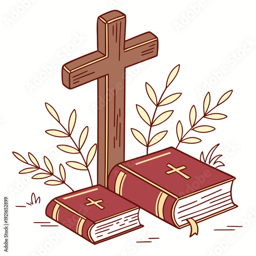 Holy Sunday Vector Poster Design with Cross, Light Rays and Peaceful Sky Background