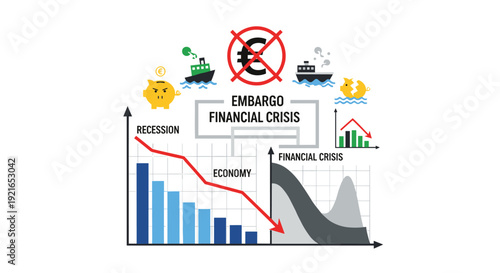 Economic crisis with embargo, recession, and financial downturn charts